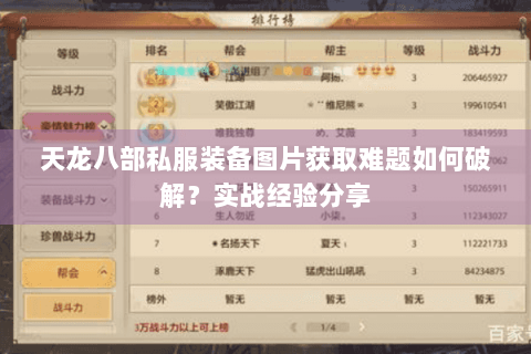 天龙八部私服装备图片获取难题如何破解？实战经验分享