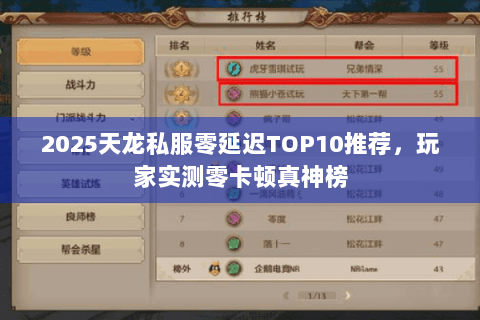 2025天龙私服零延迟TOP10推荐，玩家实测零卡顿真神榜